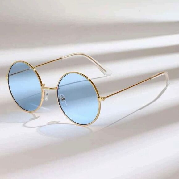 🆕Blue Tinted Round Lens Gold Frame Sunglasses - Picture 2 of 5
